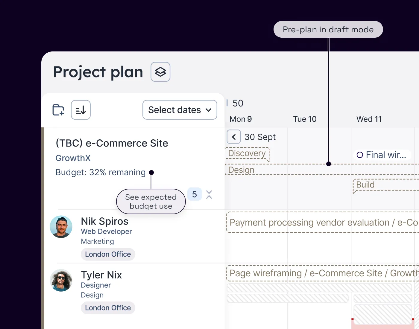 A zoomed in look of a draft project in the Float project plan that shows you a tentative project plan with the people involved in that project and their tentative allocations. 